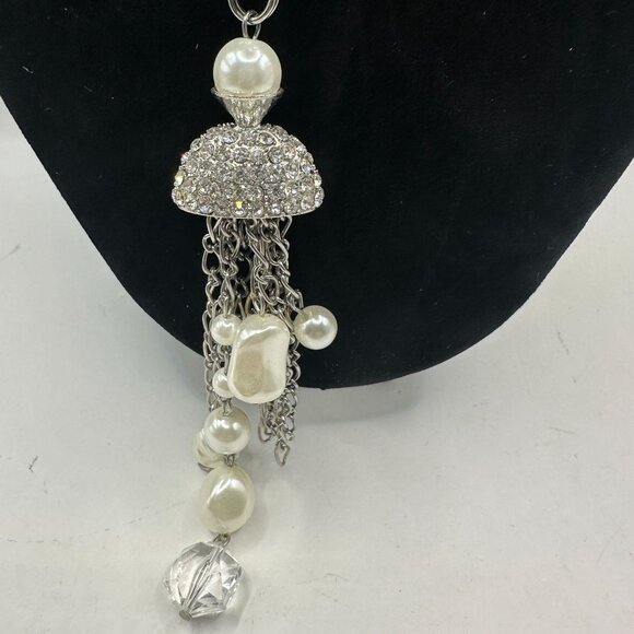 Silver & Pearl Beaded Necklace With Rhinestone Tassel Pendant & Lobster Clasp - Picture 2 of 5